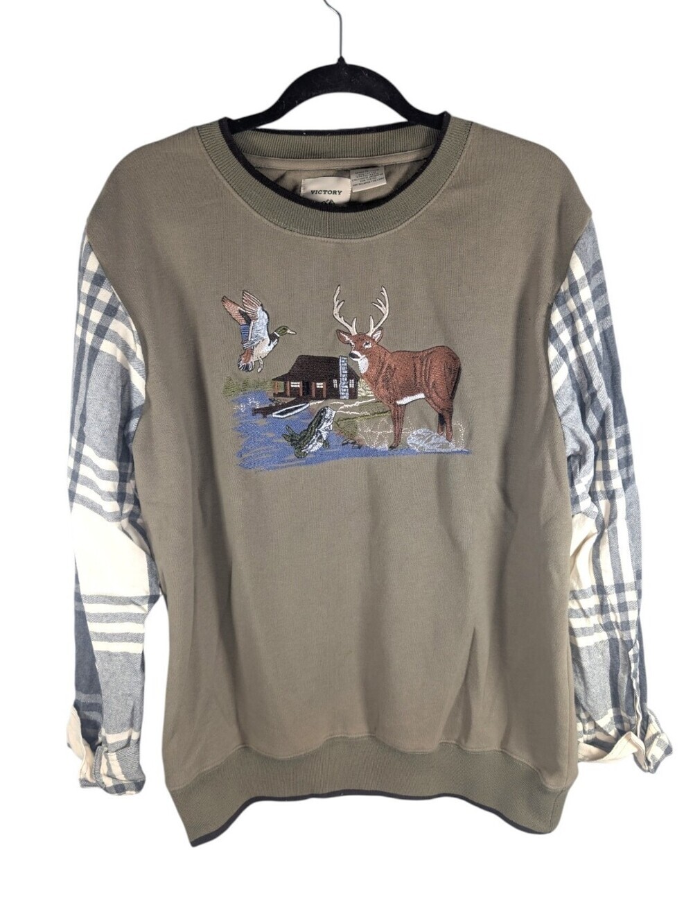 Victory Outfitters Plaid Sleeve Deer Bird Fish Nature Crewneck Sweater Large
